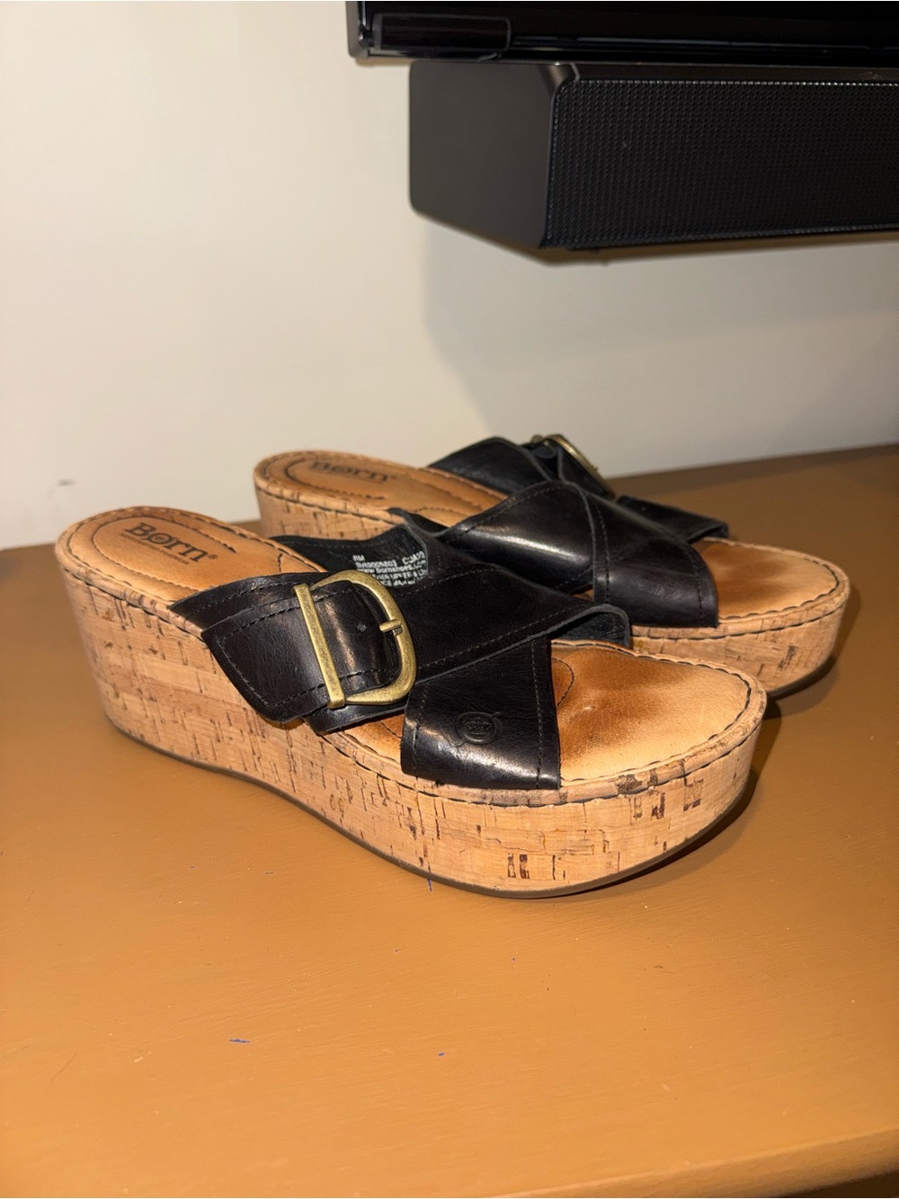 Born Black Leather Cork Wedge Slide Sandals with Buckle size 8